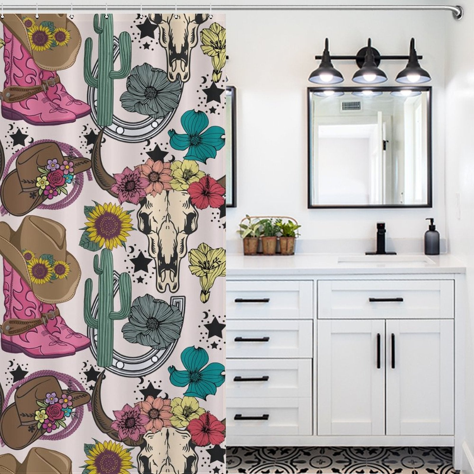 A bathroom with a white vanity, black-framed mirror, and patterned floor. Adding a touch of rustic vintage farmhouse charm, a colorful Cotton Cat Boots Cactus Bull Skull Sunflower Rustic Vintage Farmhouse Western Shower Curtain-Cottoncat featuring cowboy hats, boots, horseshoes, bull skulls, cacti, and sunflowers hangs beside the vanity.