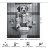 A Black and White Funny Read Book Dog Shower Curtain-Cottoncat depicts a dog sitting on a toilet, holding a newspaper. Icons below highlight its features: water-resistant, heat resistance, machine washable, non-transparent, and dimensions. This humorous shower curtain is crafted from waterproof fabric for practicality and fun.