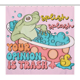 A cartoon frog in a bathtub with bubbles and a rubber duck. Text reads, "Splish Splash Your Opinion is Trash" on a pink background, making for perfect sarcastic froggy bathroom decor or a Funny Humor Sarcastic Froggy Shower Curtain-Cottoncat by Cotton Cat.