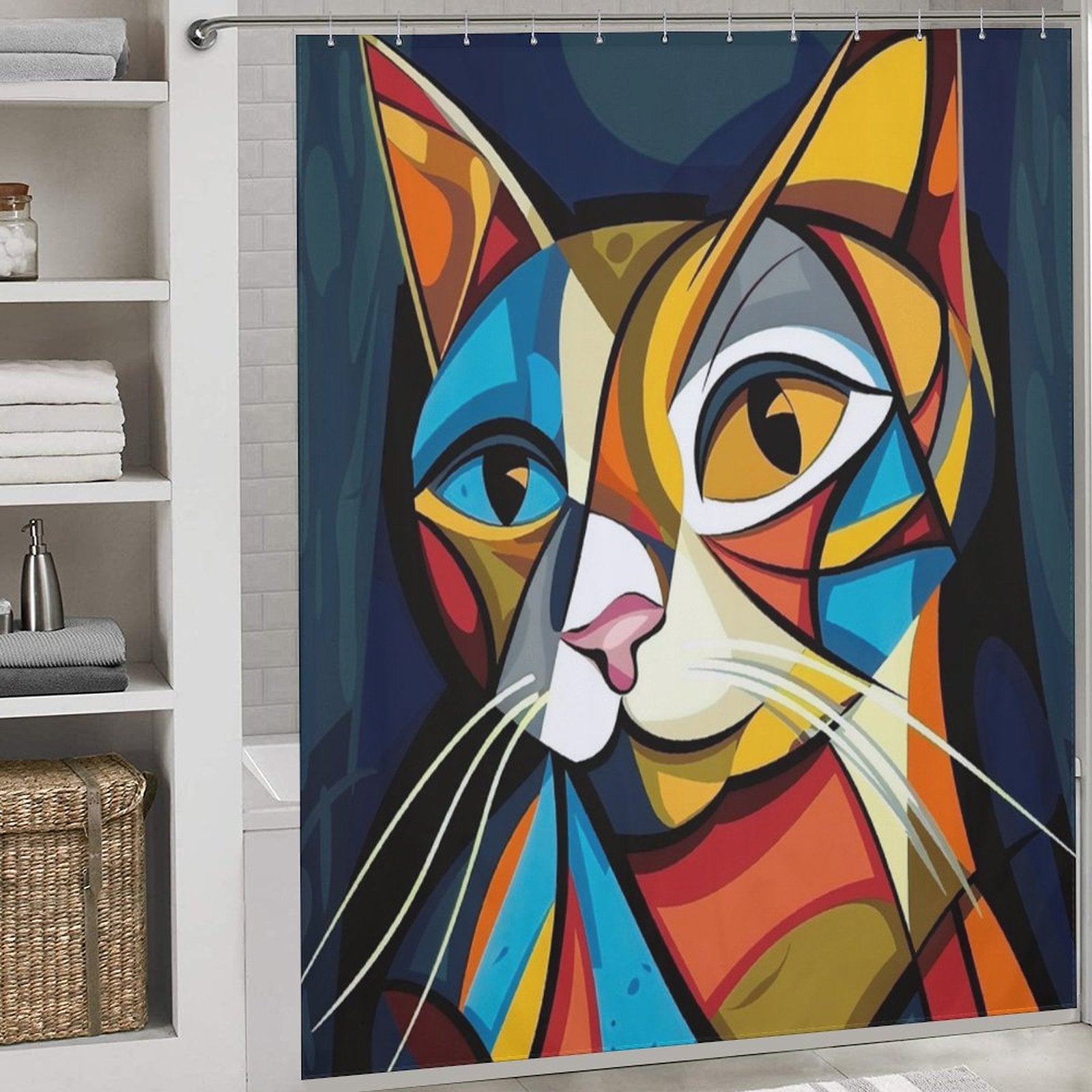 A Cotton Cat Abstract Geometric Vintage Colorful Modern Art Minimalist Mid Century Cat Shower Curtain-Cottoncat hangs in a white bathroom with shelves and a wicker basket, adding a touch of modern art bathroom decor.