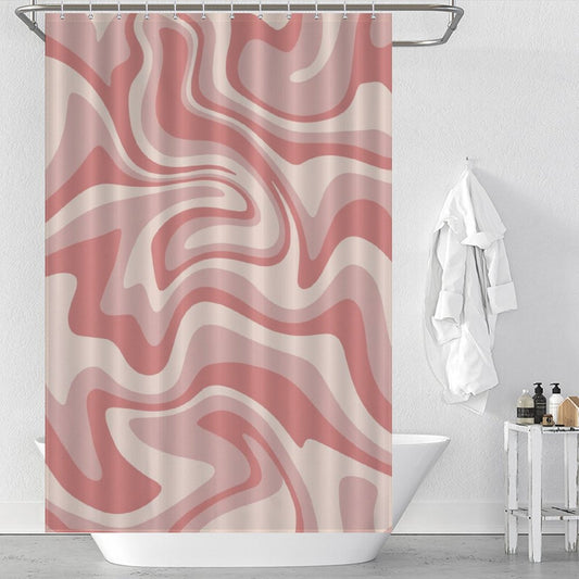 A bathroom with a white bathtub, a Vintage Modern Wave 70s Cute Wavy Swirl Retro Pink Abstract Shower Curtain-Cottoncat by Cotton Cat, a white bathrobe on a hook, and bathroom supplies on a small white table. The cute wavy swirls add an element of playful charm to the space.