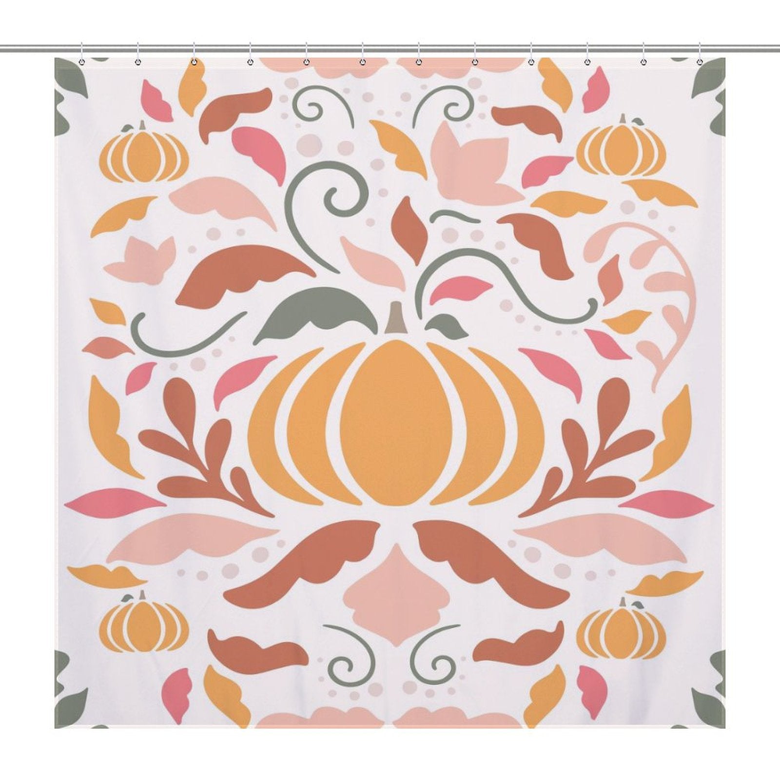 The Boho Fall Pumpkins Pink Floral Shower Curtain-Cottoncat by Cotton Cat showcases an orange pumpkin design with pink, orange, and green foliage patterns on a white background, perfect as a Bohemian Floral Bathroom Decor piece.