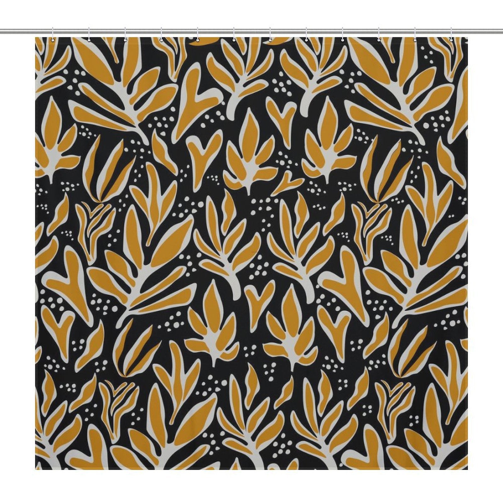 A **Cotton Cat** shower curtain with a dark background featuring an abstract botanical pattern in yellow and white, reminiscent of Mid Century Leaf design.