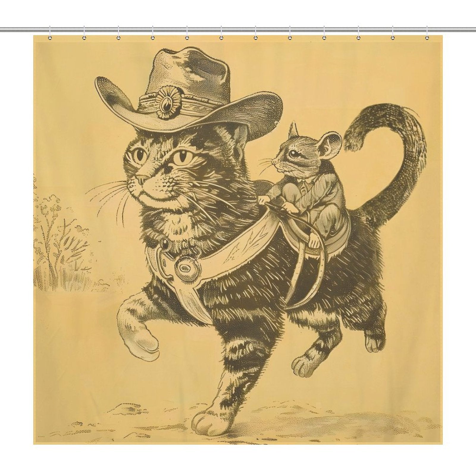 Liven up your bathroom decor with the Cotton Cat Funny Cool Mouse Riding Cat Shower Curtain featuring a vibrant illustration of a cat wearing a cowboy hat, with a mouse in cowboy attire riding on its back.