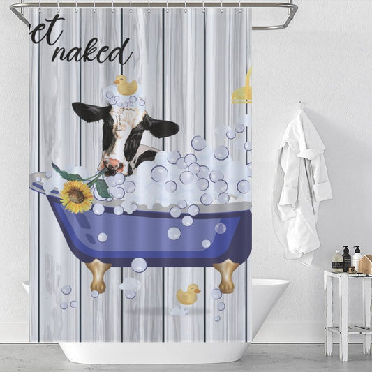 A Cotton Cat Funny Cow Sunflowers Get Naked Shower Curtain-Cottoncat featuring a cartoon cow in a bubble-filled bathtub with rubber ducks, playful sunflowers, and the cheeky words "Get naked.