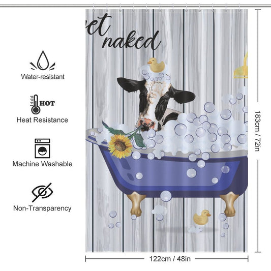 Add playful charm to your bathroom with this Funny Cow Sunflowers Get Naked Shower Curtain-Cottoncat by Cotton Cat featuring a cow in a bathtub design. It offers water and heat resistance, is machine washable, and non-transparent. Dimensions are 183 cm x 122 cm.