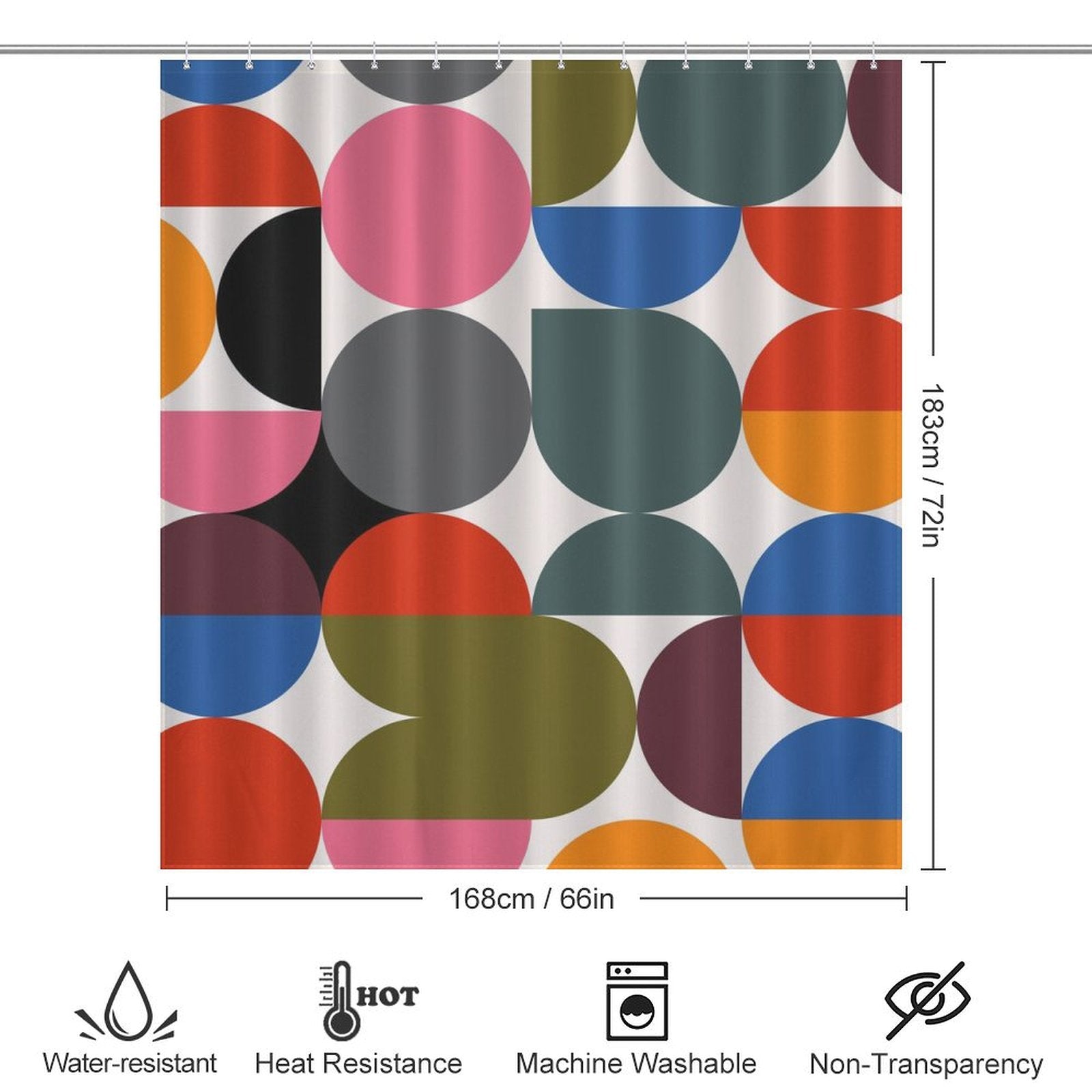 The product is a shower curtain with a colorful geometric pattern reminiscent of abstract modern art. Dimensions are 183 cm by 168 cm. Labeled as waterproof, mildew-resistant, heat resistant, machine washable, and non-transparent.
Product Name: Abstract Modern Art Rainbow Polka Dot Geometric Shower Curtain-Cottoncat
Brand Name: Cotton Cat
