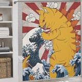 A Funny Wave Monster Cat Shower Curtain-Cottoncat depicting a large, stylized yellow cat battling ocean waves, with a red and white background inspired by traditional Japanese art. This funny Wave Monster Cat design makes for captivating bathroom decor, adding both charm and humor to your shower space. This product is brought to you by Cotton Cat.