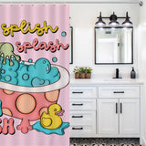 Bathroom with a white vanity, black hardware, and a mirror with three lights above. The shower curtain features the Funny Humor Sarcastic Froggy Shower Curtain-Cottoncat from Cotton Cat, providing humorous bathroom decor that's sure to make you smile.
