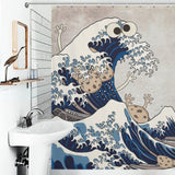 Shower curtain with a comical design depicting The Great Wave off Kanagawa, transformed into a wave monster shower curtain featuring googly eyes and tentacles, hangs in a modern bathroom with a sink and a bird figurine on the wall. This quirky bathroom decor is sure to make you smile. Introducing the Funny Wave Monster Eating Cookies Shower Curtain-Cottoncat by Cotton Cat!