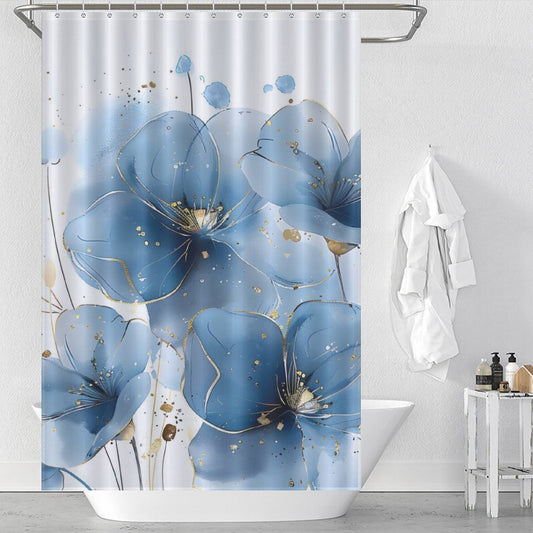 A bathroom with a white tub, a minimalist Abstract Modern Art Blue Flower Minimalist Watercolor Blue Floral Shower Curtain-Cottoncat by Cotton Cat, and a white robe hanging on the wall. Soap dispensers are placed on the edge of the tub.