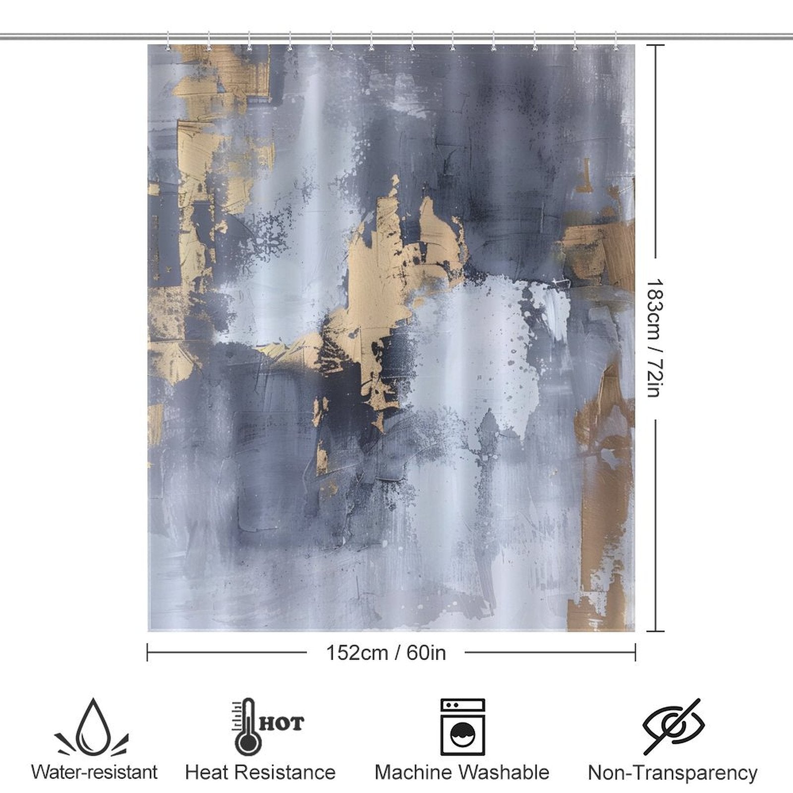 A Cotton Cat Grey and Gold Watercolor Abstract Modern Art White Silver Strokes Shower Curtain-Cottoncat featuring a grey and gold watercolor design. It measures 183 cm by 152 cm and is waterproof, mildew-resistant, heat-resistant, machine washable, and non-transparent.