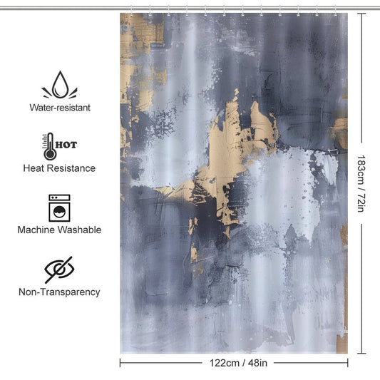 Cotton Cat Grey and Gold Watercolor Abstract Modern Art White Silver Strokes Shower Curtain with an abstract design in blue and gold, measuring 122 cm wide by 183 cm tall. Features include water resistance, heat resistance, machine washability, and non-transparency.