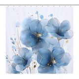 A Cotton Cat Abstract Modern Art Blue Flower Minimalist Watercolor Blue Floral Shower Curtain-Cottoncat featuring large, blue abstract modern art flowers accented with gold details on a scatter of minimalist watercolor pale blue and beige floral elements.