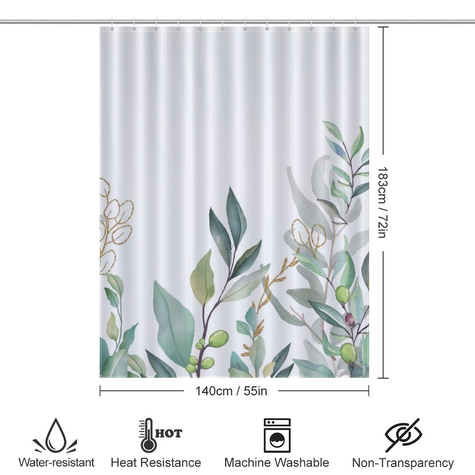 Watercolor Sage Green Eucalyptus Botanical Leaves Shower Curtain-Cottoncat by Cotton Cat with a botanical design featuring watercolor sage green eucalyptus leaves, dimensions 140 cm x 183 cm (55 in x 72 in). Includes icons indicating water resistance, heat resistance, machine washability, and non-transparency.