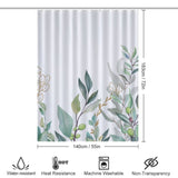 Watercolor Sage Green Eucalyptus Botanical Leaves Shower Curtain-Cottoncat by Cotton Cat with a botanical design featuring watercolor sage green eucalyptus leaves, dimensions 140 cm x 183 cm (55 in x 72 in). Includes icons indicating water resistance, heat resistance, machine washability, and non-transparency.