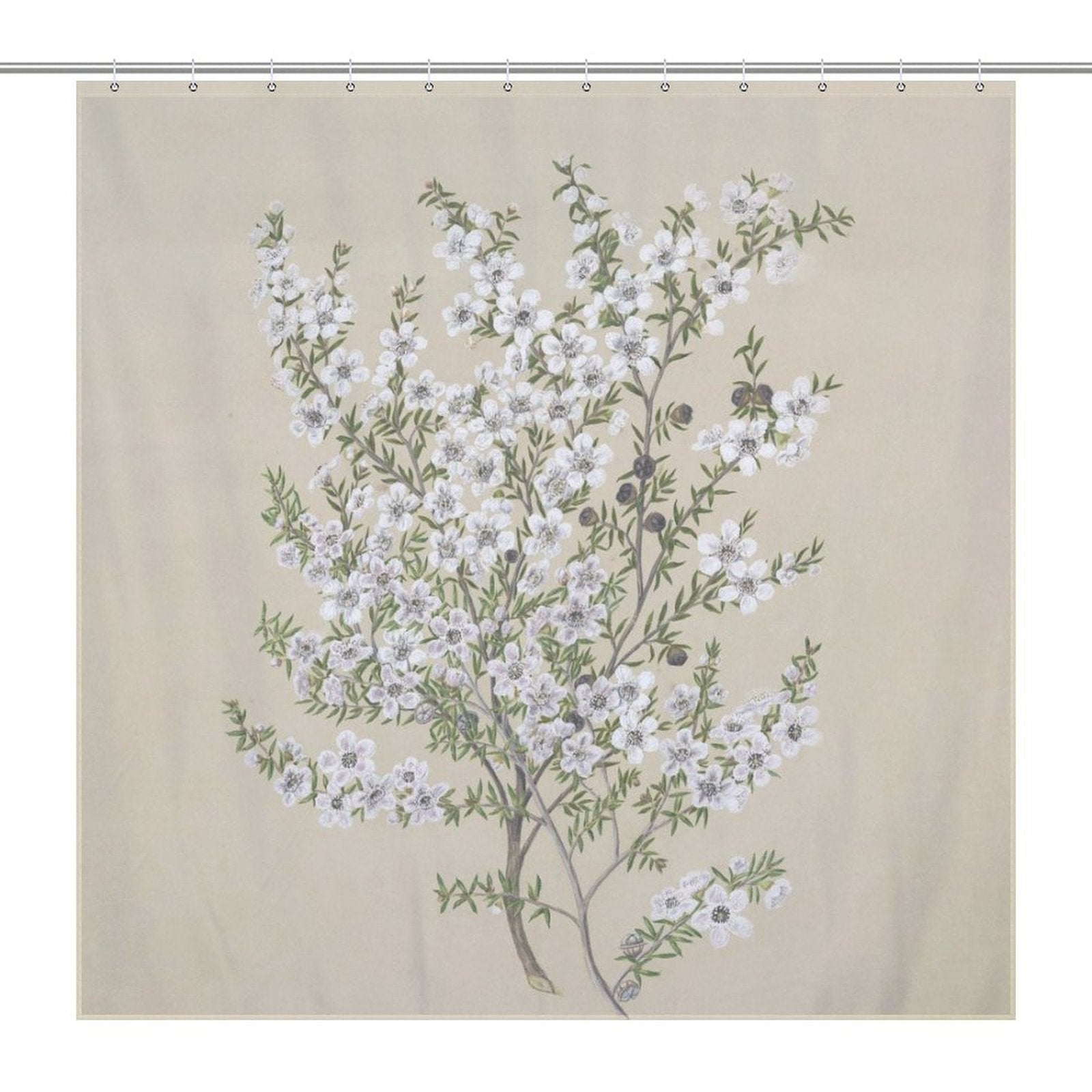 A Retro Green Flower Shower Curtain-Cottoncat, from Cotton Cat, adorned with an illustration of a branch of white flowering blossoms and green foliage, exuding botanical elegance that's perfect for vintage bathroom decor.