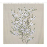 A Retro Green Flower Shower Curtain-Cottoncat, from Cotton Cat, adorned with an illustration of a branch of white flowering blossoms and green foliage, exuding botanical elegance that's perfect for vintage bathroom decor.