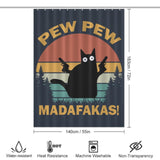 A Funny Black Crazy Cat with Gun Shower Curtain-Cottoncat by Cotton Cat featuring a Funny Black Crazy Cat holding pistols, text "Pew Pew Madafakas!" above, with dimensions 183cm x 140cm. This humorous bathroom decor is water-resistant, heat-resistant, machine washable, and non-transparent.
