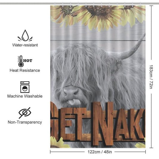 This Highland Cow Sunflowers Get Naked Shower Curtain-Cottoncat features a charming highland cow and sunflowers design, perfect for rustic bathroom decor. It’s water-resistant, heat-resistant, machine washable, and non-transparent. Dimensions: 122 cm x 183 cm (48 in x 72 in).