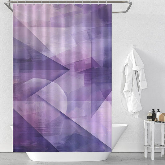 Bathroom with a white tub, a Cotton Cat Purple Abstract Modern Boho Geometric Art Minimalist Shower Curtain featuring modern boho geometric art, and a white bathrobe hanging on the wall. A small shelf with toiletries is placed beside the tub, completing the minimalist bathroom decor.