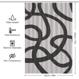 A Cotton Cat Modern Geometric Art Minimalist Curve Black Line Black and Grey Abstract Shower Curtain-Cottoncat featuring black abstract loops on a white background. It boasts icons for water resistance, heat resistance, machine washability, and non-transparency. Dimensions are 122cm x 183cm.