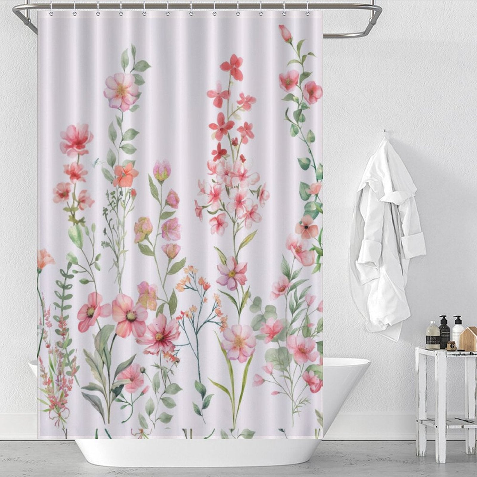 A Rustic Spring Blossom Pink Floral Shower Curtain-Cottoncat by Cotton Cat hangs in a white bathroom, where a white towel is draped over the edge of the bathtub.