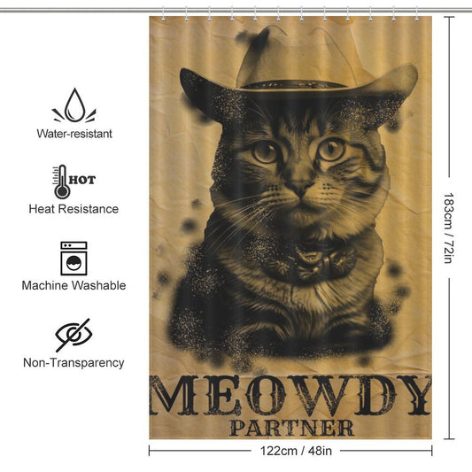 A Cotton Cat Funny Cowboy Cool Meowdy Partner Cat Shower Curtain-Cottoncat featuring a funny cowboy cat illustration with a hat and bandana, accompanied by the text "MEOWDY PARTNER." It boasts water resistance, heat resistance, is machine washable, and non-transparent. Dimensions are 183 cm by 122 cm (72 in by 48 in).