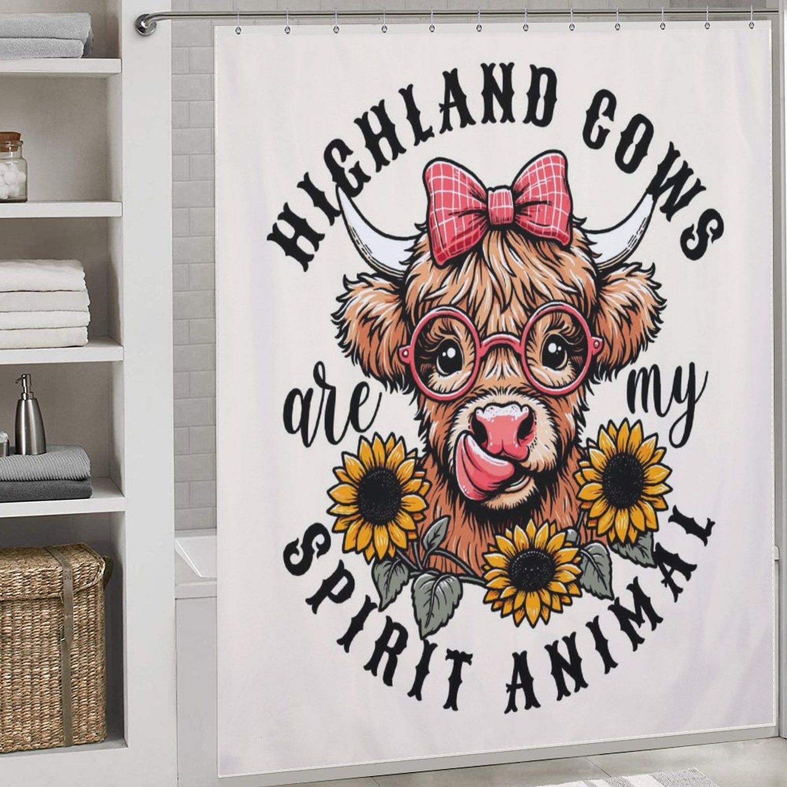 This whimsical bathroom decor features the Cute Sunflower Glasses Highland Cow Shower Curtain-Cottoncat by Cotton Cat with a printed design of a cartoon cow wearing sunflower glasses and a bow. The text reads, "Highland cows are my spirit animal," surrounded by vibrant sunflowers.