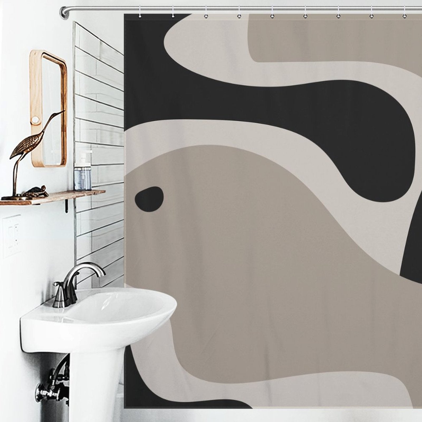 A modern bathroom featuring a sink, a mirror, and a Cotton Cat Modern Geometric Art Minimalist Curve Beige Black and Grey Abstract Shower Curtain-Cottoncat.