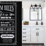 A bathroom with a white vanity and dual mirrors is partially obscured by a black Funny Quotes Shower Curtain Back and White Fable Motto -Cottoncat that details humorous bathroom rules in white text. The waterproof and mildew-resistant curtain brings both style and practicality to the space. This unique product adds a playful touch, making your bathroom both functional and fun.