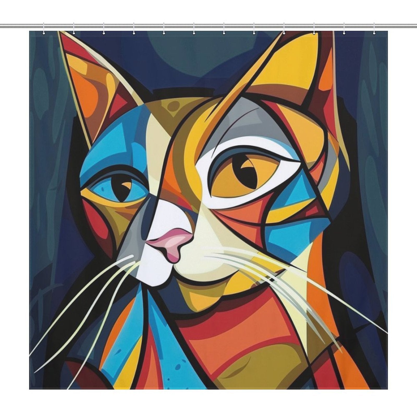Cubist-style cat painting with geometric shapes and bold colors, featuring blue, yellow, orange, and red hues—perfect for an Abstract Geometric Vintage Colorful Modern Art Minimalist Mid Century Cat Shower Curtain-Cottoncat by Cotton Cat.