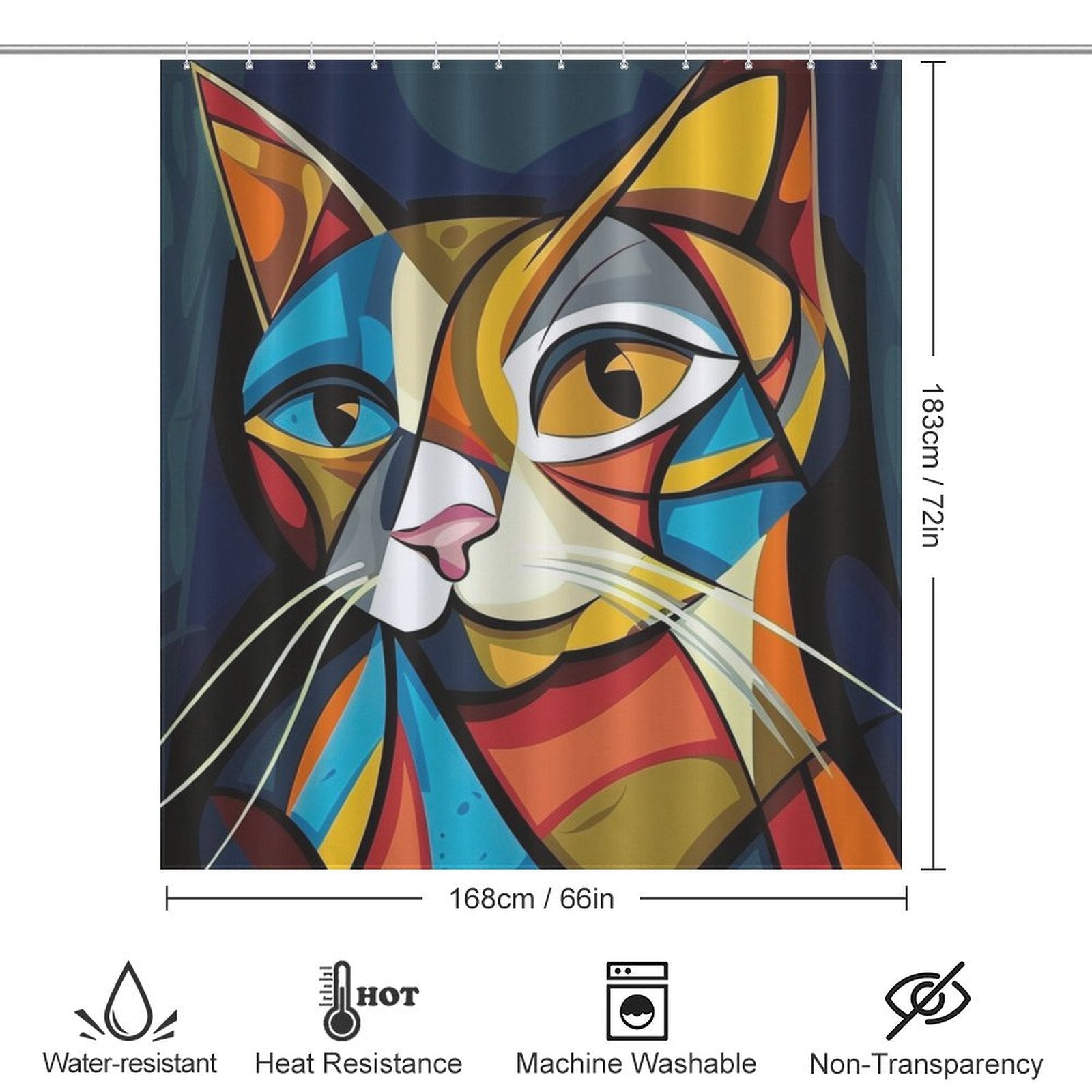 A colorful, abstract geometric cat illustration adorns this Cotton Cat Abstract Geometric Vintage Colorful Modern Art Minimalist Mid Century Cat Shower Curtain-Cottoncat with dimensions 183cm x 168cm. Icons indicate it is water-resistant, heat-resistant, machine washable, and non-transparent.