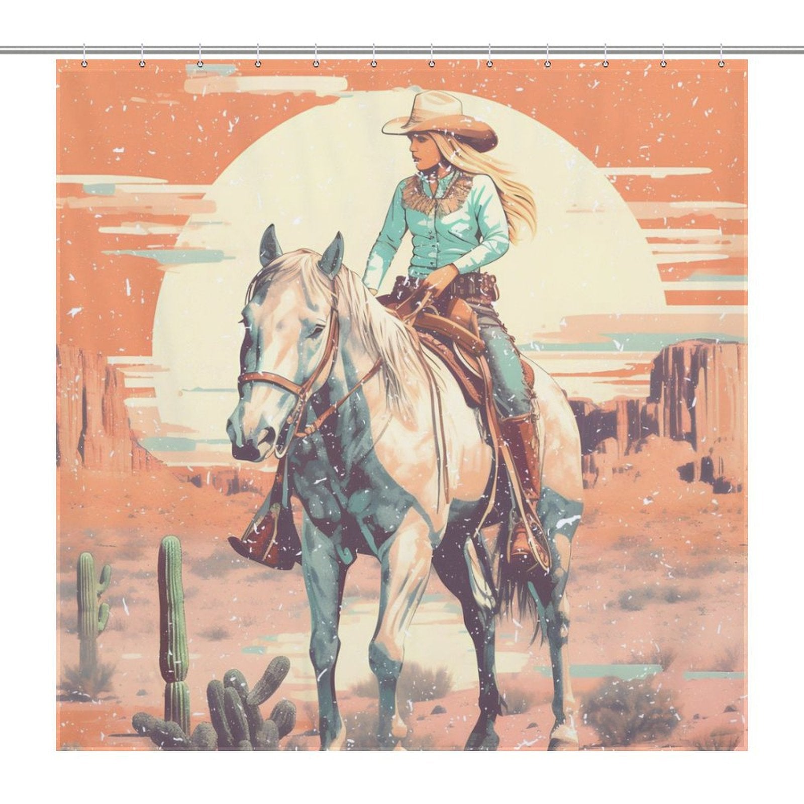 A woman in western attire rides a horse through a desert landscape with cacti and rock formations, with the sun setting in the background, much like the motif on our Rustic Sunrise Western Cowgirl Shower Curtain by Cotton Cat.