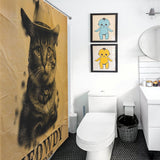 A bathroom with a white toilet, shower, and sink. The Funny Cowboy Cool Meowdy Partner Cat Shower Curtain-Cottoncat from Cotton Cat depicts a cowboy cat with "MEOWDY PARTNER" written below. Two framed pictures adorn the wall above the toilet.