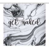 A Cotton Cat Funny Letters Black and White Marble Get Naked Shower Curtain with the words "get naked" written in funny cursive letters across the middle.