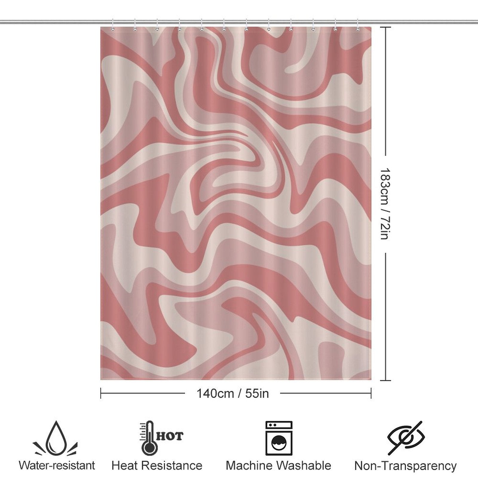 A Cotton Cat Vintage Modern Wave 70s Cute Wavy Swirl Retro Pink Abstract Shower Curtain-Cottoncat with a Retro Pink Abstract pattern displayed with dimensions of 183 cm (72 in) by 140 cm (55 in). Icons below denote water resistance, heat resistance, machine washable, and non-transparency.