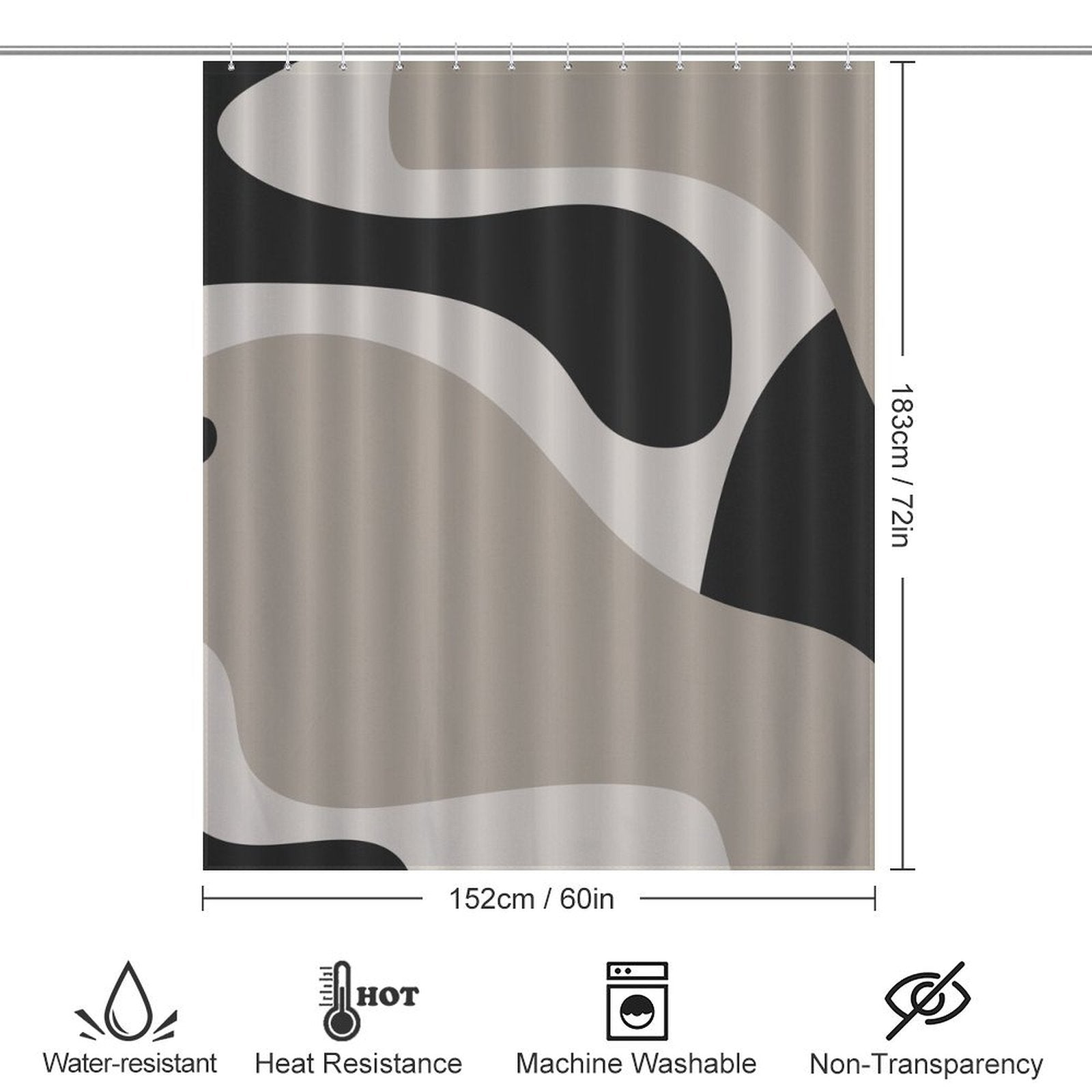 Modern Geometric Art Minimalist Curve Beige Black and Grey Abstract Shower Curtain-Cottoncat with abstract black and gray design on a beige background, embodying minimalist shower curtain style. Measurements: 183 cm (72 in) height and 152 cm (60 in) width. Features: water-resistant, heat-resistant, machine washable, non-transparent. Perfect for modern geometric art enthusiasts. Brand Name: Cotton Cat