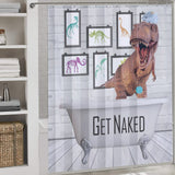 Brighten up your bathroom with the Funny Dinosaur Get Naked Shower Curtain-Cottoncat by Cotton Cat, featuring a T-rex wearing a shower cap and holding a sponge in a bathtub with the text "Get Naked." Dinosaur illustrations adorn the background, making it perfect waterproof bathroom decor.