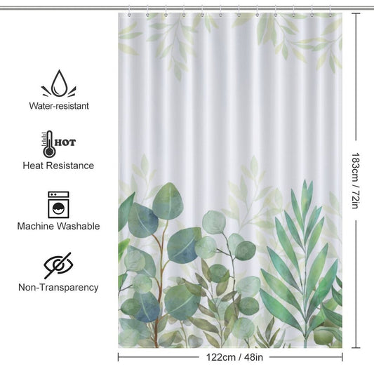 A Natural Modern Ombre Sage Green White Leaf Shower Curtain-Cottoncat by Cotton Cat is displayed with icons and text indicating water resistance, heat resistance, machine washability, non-transparency, and dimensions of 122 cm by 183 cm. Made from durable polyester fabric.