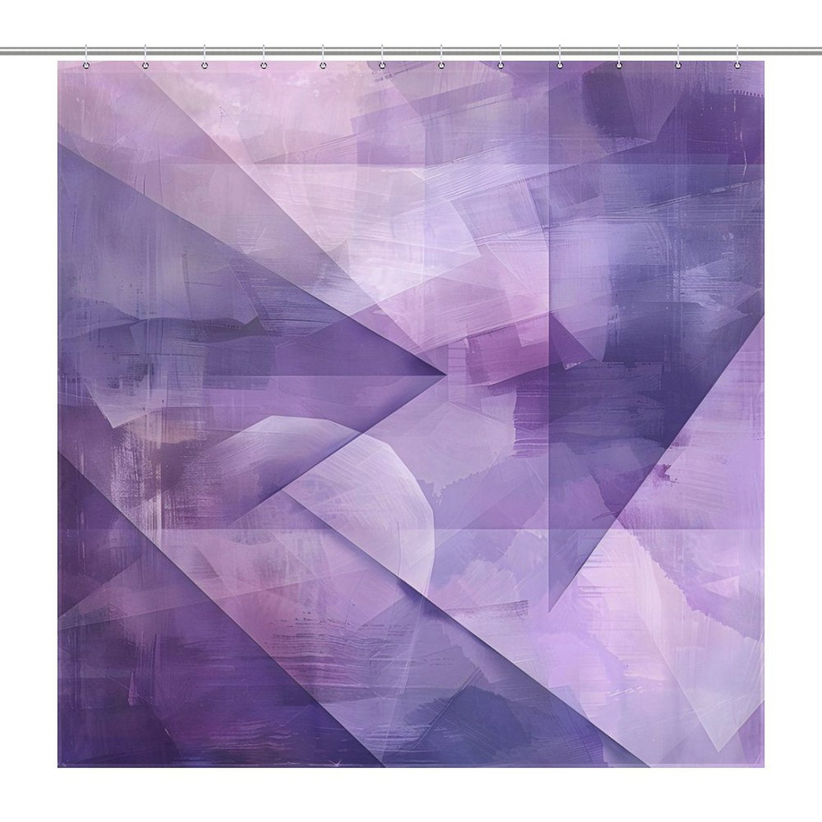 A Purple Abstract Modern Boho Geometric Art Minimalist Shower Curtain-Cottoncat by Cotton Cat featuring an abstract design in shades of purple, combining geometric shapes and gradients for a layered, textured appearance that adds a touch of minimalist bathroom decor.