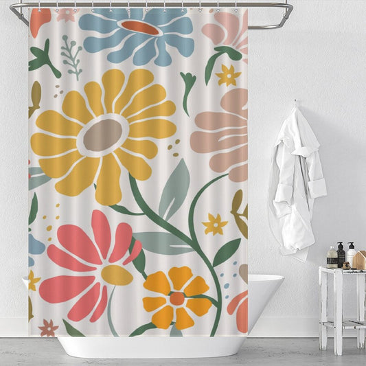 A bathroom with a shower curtain featuring a colorful floral pattern, reminiscent of a boho watercolor painting. The *Boho Colorful Yellow Flower Leaves Minimalist Watercolor Art Painting Floral Shower Curtain-Cottoncat* by *Cotton Cat* transforms the space. A white bathrobe hangs on a hook next to the bathtub.