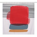 A vibrant bathroom decor piece, the Modern Geometric Art Minimalist Simple Red Blue Orange Abstract Shower Curtain-Cottoncat by Cotton Cat features a minimalist abstract design with horizontal black lines and overlapping red, blue, and brown shapes. The modern geometric art adds a contemporary touch to any space.