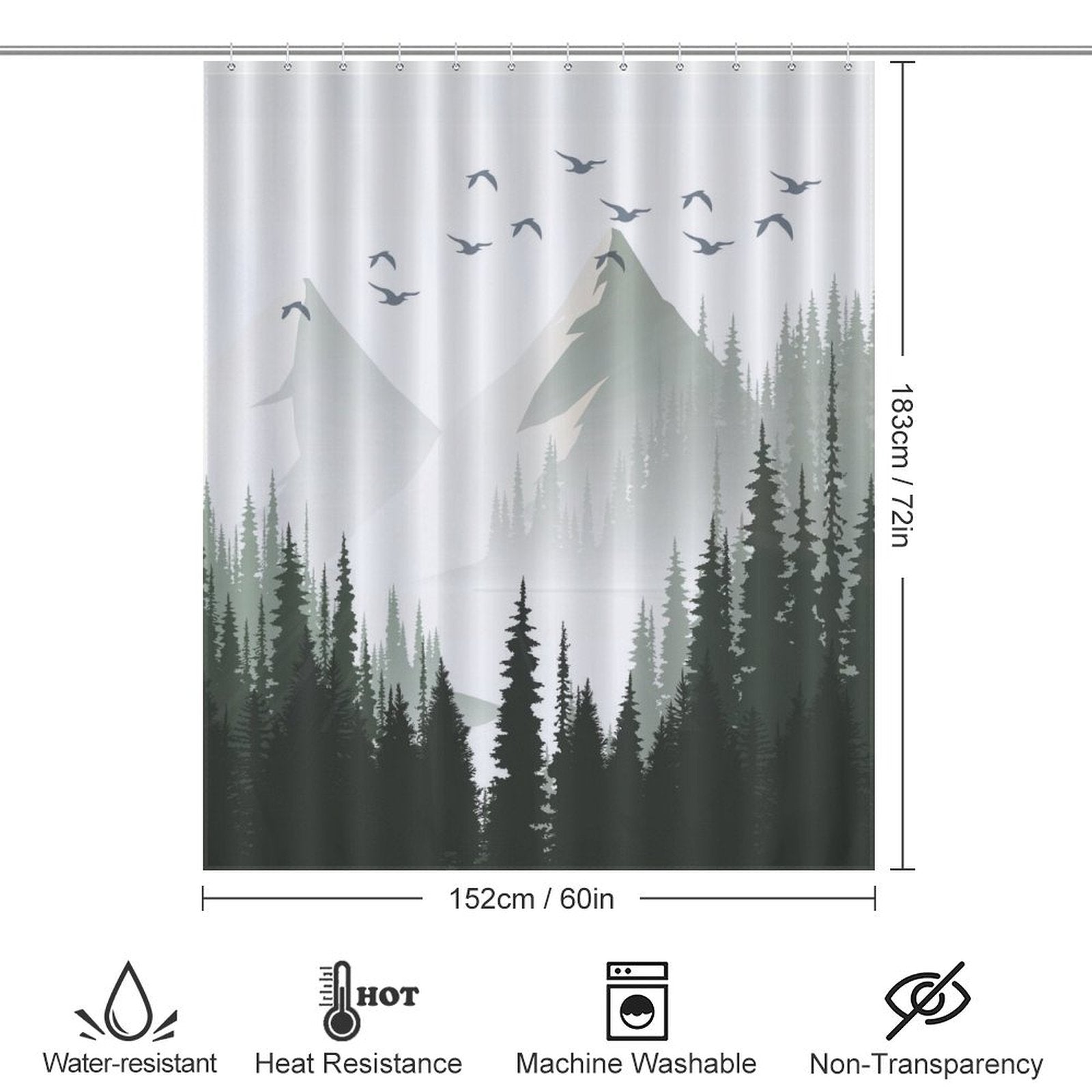 Green Misty Forest Shower Curtain Ombre Sage Green White Nature Tree Mountain Woodland-Cottoncat by Cotton Cat, featuring flying birds at the top. Dimensions are 183cm x 152cm. Icons at the bottom indicate water resistance, heat resistance, machine washable, and non-transparency. Ideal for elevating your Bathroom Decor into a tranquil escape.