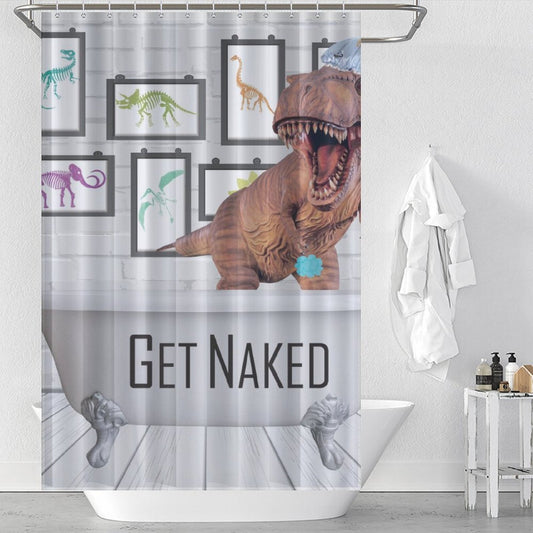 A Funny Dinosaur Get Naked Shower Curtain-Cottoncat with a bold "Get Naked" text alongside a large T-Rex and framed pictures of various dinosaurs adds fun to the bathroom. The white tub, towel, and toiletries on the shelf complete this amusing Dinosaur Bathroom Decor from Cotton Cat.