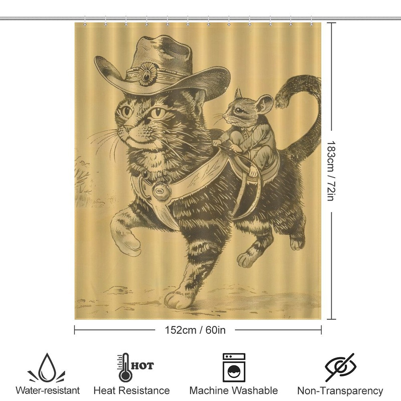 This bathroom decor shower curtain features a black-and-white illustration of a funny cool mouse riding a cat; the mouse is holding a gun while the cat sports a cowboy hat. Icons for water-resistance, heat resistance, machine washability, and non-transparency are displayed below the illustration. Dimensions are also shown. The product name is Funny Cool Mouse Riding Cat Shower Curtain Shower Curtain-Cottoncat by Cotton Cat.