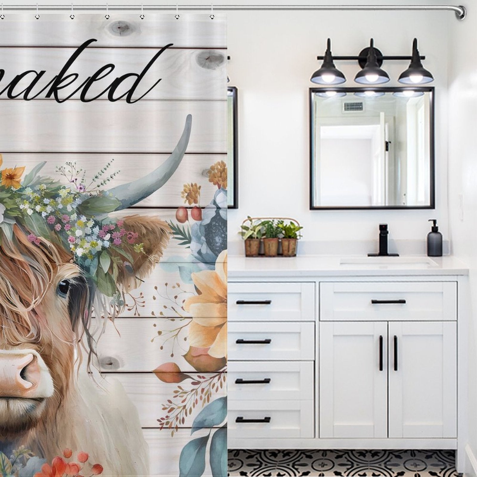 Bathroom with a double vanity, black fixtures, and a mirror; a Funny Letters Get Naked Flower Highland Cow Shower Curtain-Cottoncat by Cotton Cat is visible on the left side.