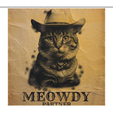 A sepia-toned image of a cat wearing a cowboy hat and neckerchief with the text "MEOWDY PARTNER" below it, perfect for a Funny Cowboy Cool Meowdy Partner Cat Shower Curtain-Cottoncat by Cotton Cat.