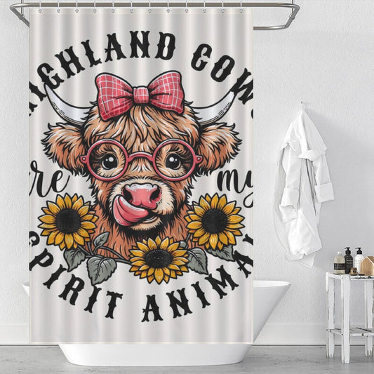 A Cute Sunflower Glasses Highland Cow Shower Curtain-Cottoncat by Cotton Cat with a cartoon highland cow wearing glasses and a bow, surrounded by sunflowers. Text reads: "Highland cows are my spirit animal." White bathtub and towels in the background—an adorable addition to your cute bathroom decor.