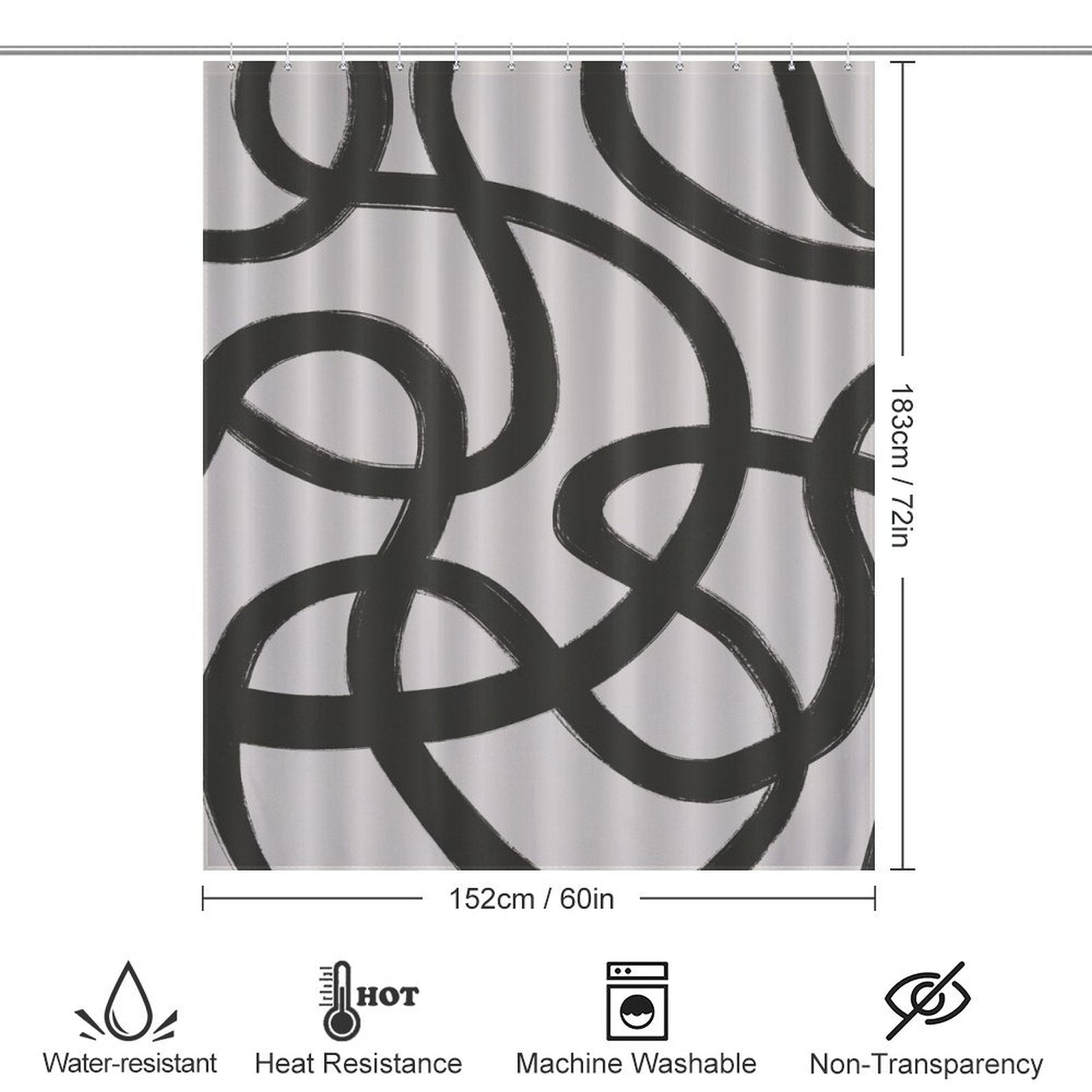 A white shower curtain with black abstract swirls, measuring 152 cm by 183 cm. This Modern Geometric Art Minimalist Curve Black Line Black and Grey Abstract Shower Curtain-Cottoncat is water-resistant, heat-resistant, machine washable, and non-transparent.